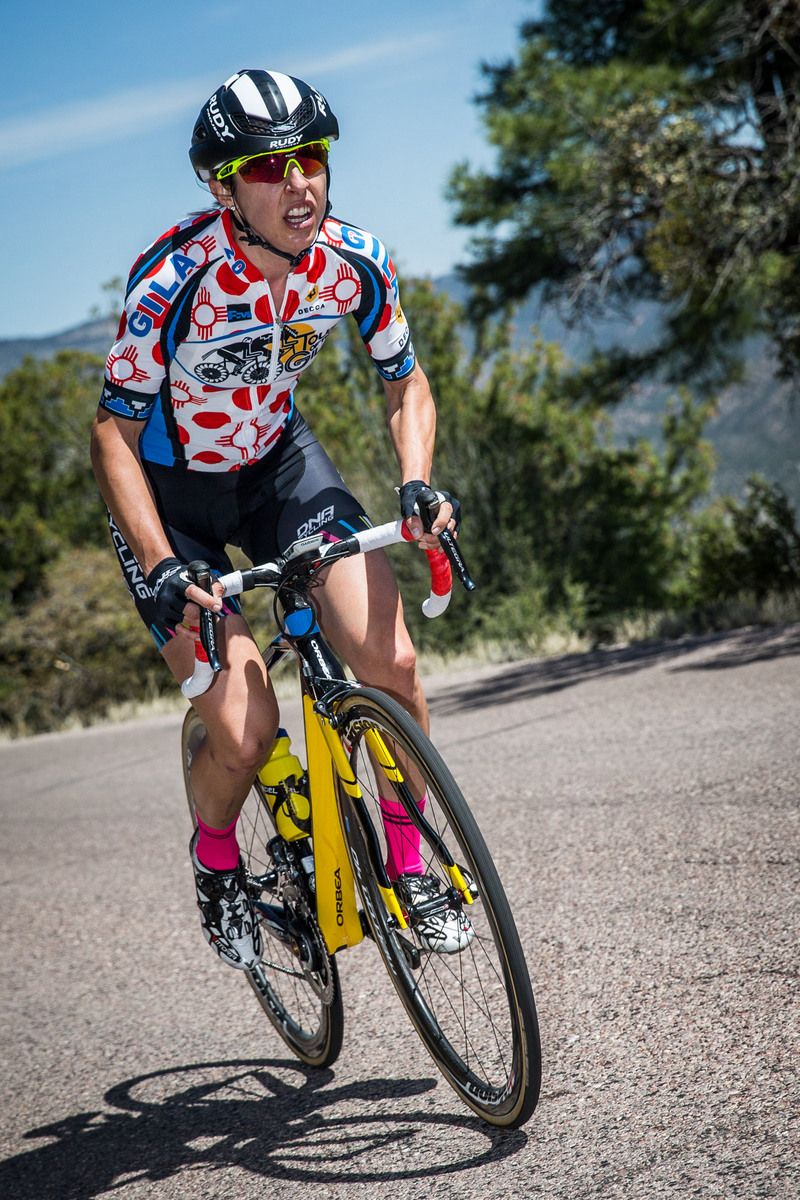 Melinda McCutcheon (Visit Dallas) tries to hold onto the climbers jersey through the final stage