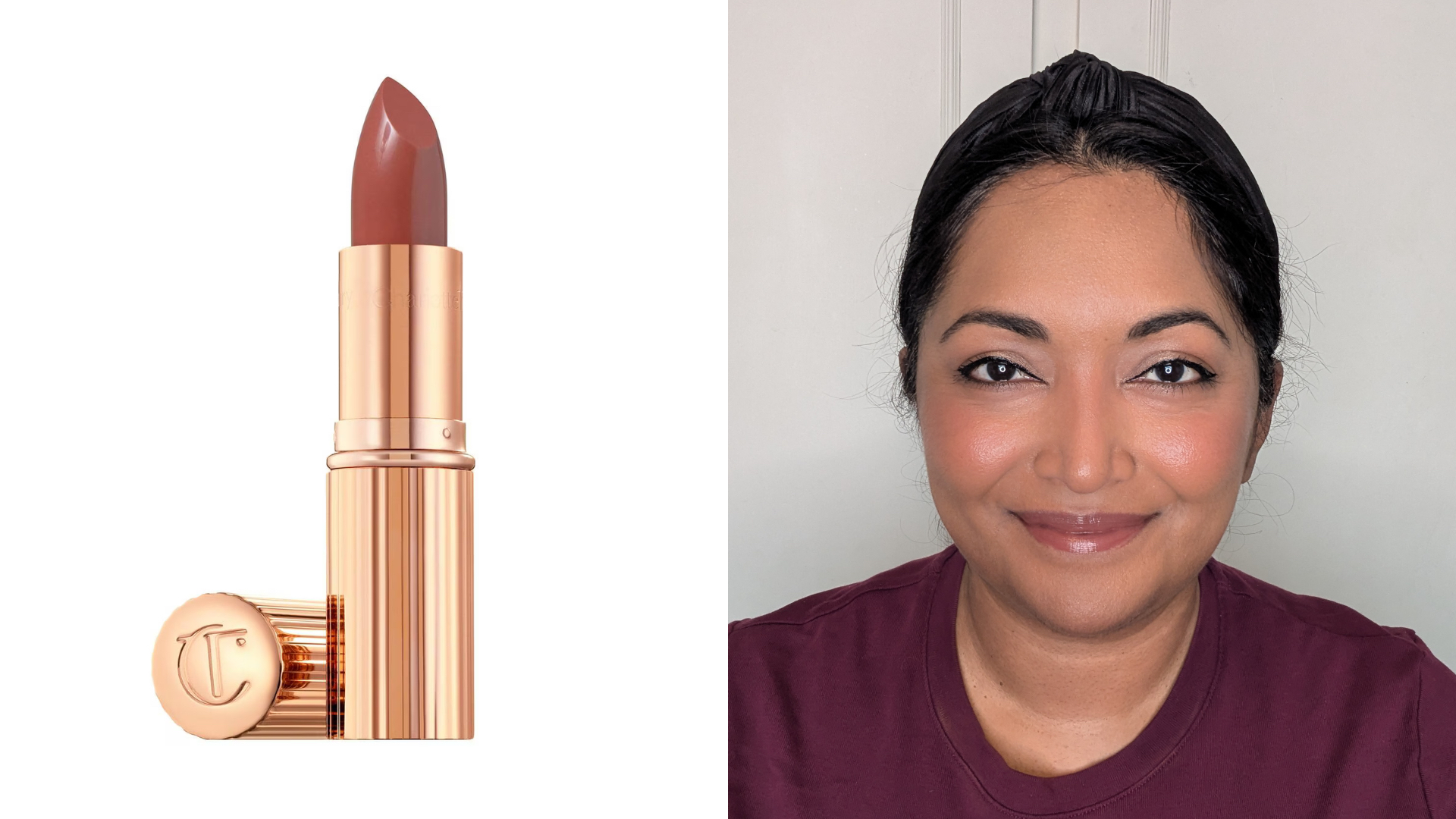 Beauty editor Ayesha wearing Charlotte Tilbury K.I.S.S.I.N.G. Satin Lipstick in Pillow Talk Deep