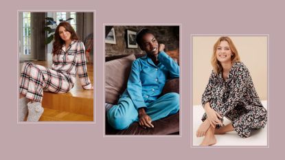 composite of three models wearing the best flannel pajamas from various clothing brands against a mauve background