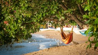 A man sunbathes in a hammock in Tobago