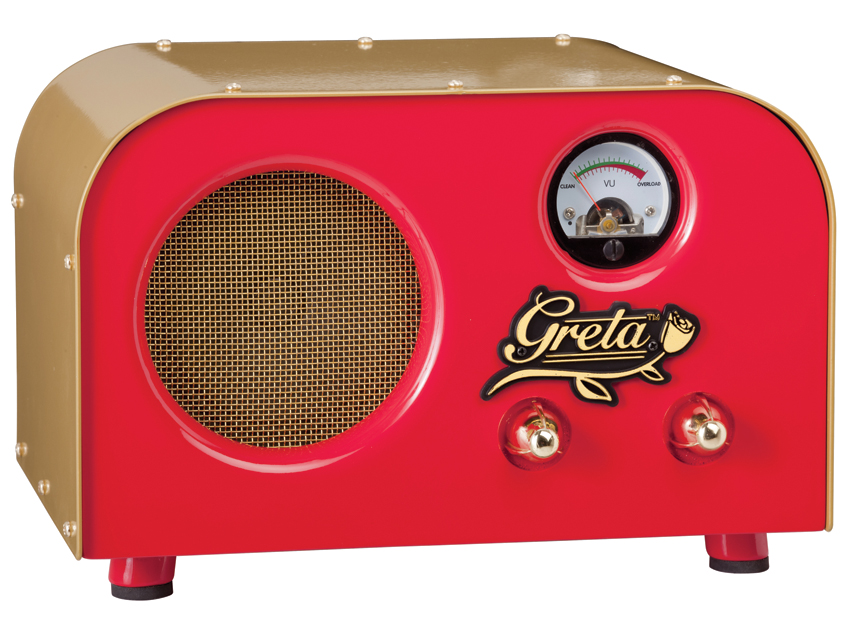 The Greta is controlled by simple volume and tone knobs. It's all about easy-to-dial practice tones that respond more to your playing than your settings.