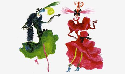 A Christian Lacroix illustration of two women in colourful dresses - one in a green dress with matching green hair and black bow and one in a red dress with matching red hair and black bow
