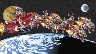 Santa in his sleigh with reindeer in front, all wearing spacesuits in an artist's conception. the earth is below and the moon in behind