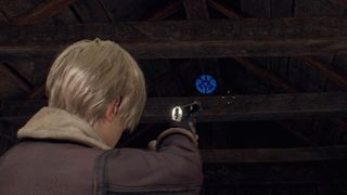 Resident Evil 4 Remake Blue medallion hanging in farm shed
