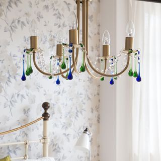 room with beaded chandelier