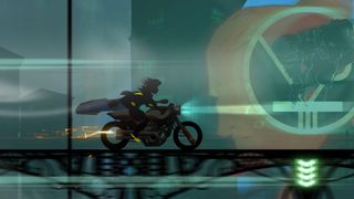 En karaktär åker en motorcykel genom en sci-fi-liknande miljö i spelet Transistor.