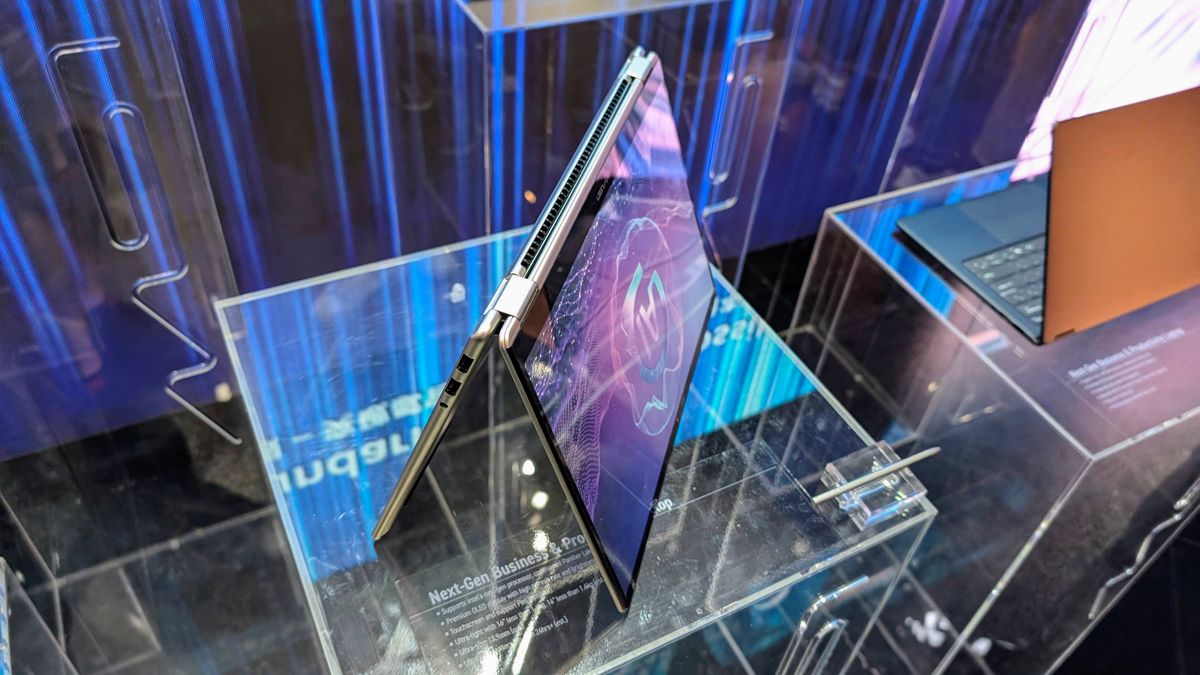 Unnamed MSI Panther Lake business laptop in 2-in-1 tent position at Computex 2025