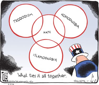 Political cartoon U.S. terrorism homophobia orlando islamophobia