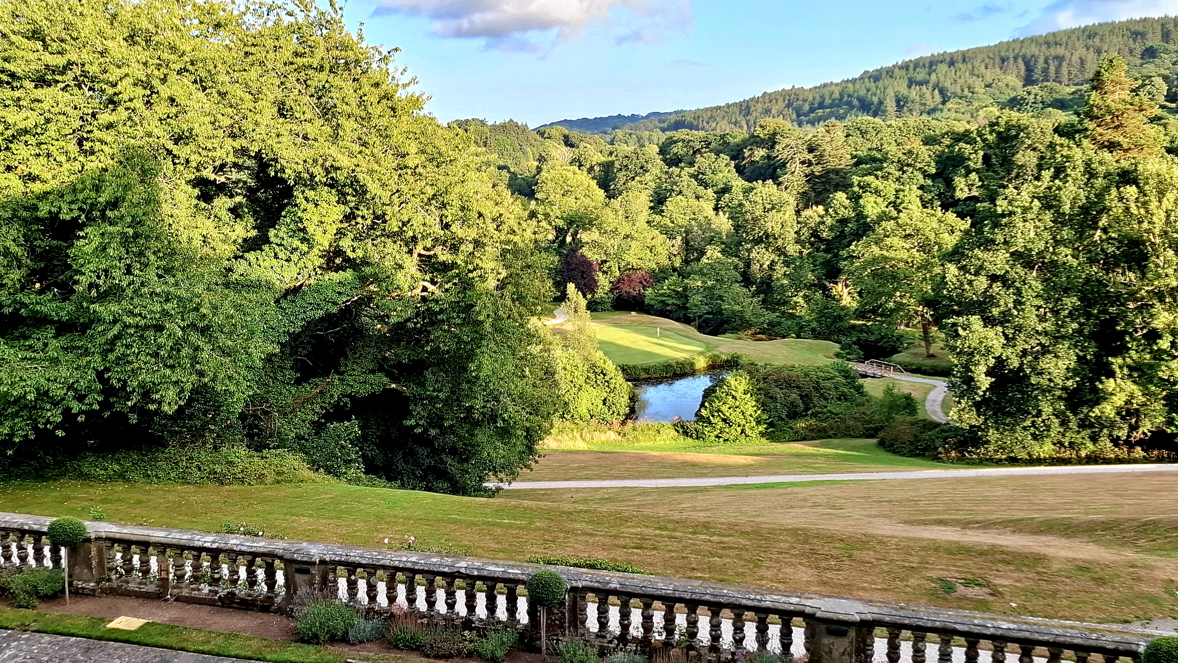 Looking down to the 3rd green from the terrace at Bovey Castle