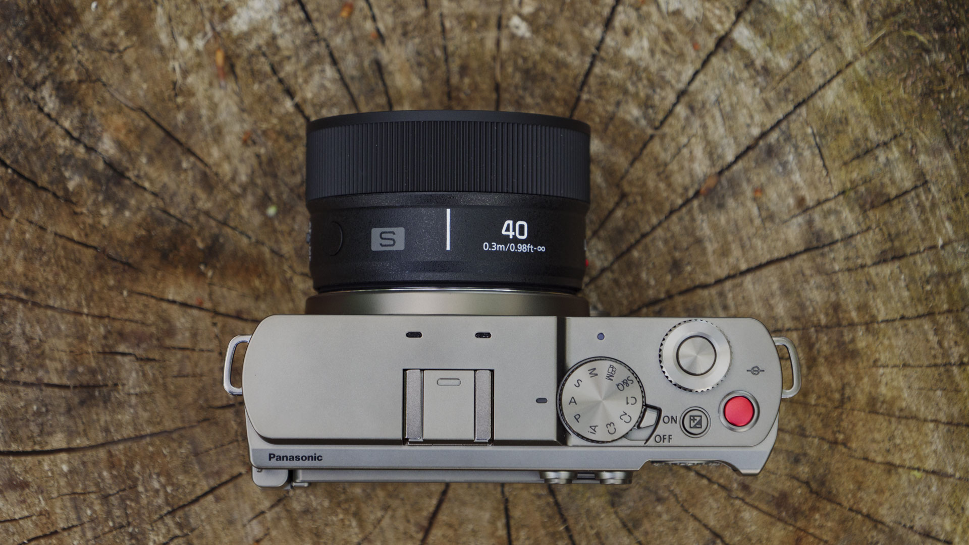 The Panasonic Lumix S 40mm F2 lens attached to a 'titanium' version of the Lumix S9, with natural tree stump backdrop