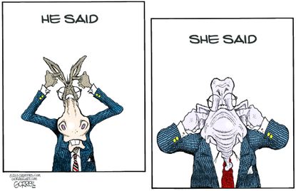 Political cartoon U.S. Democrats Republicans sexual assault allegations Brett Kavanaugh Christine Ford