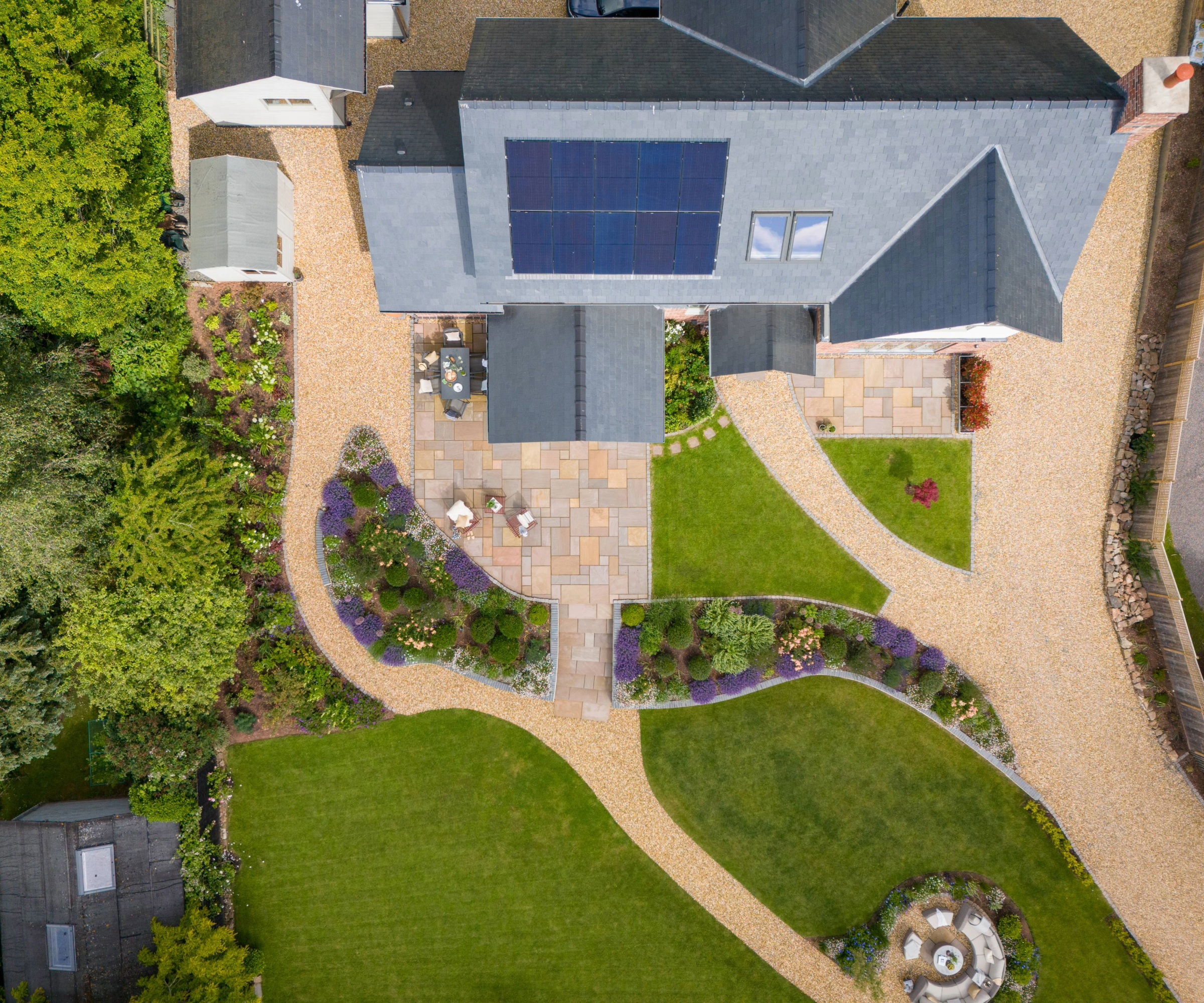 Birdseye view of the property and front garden