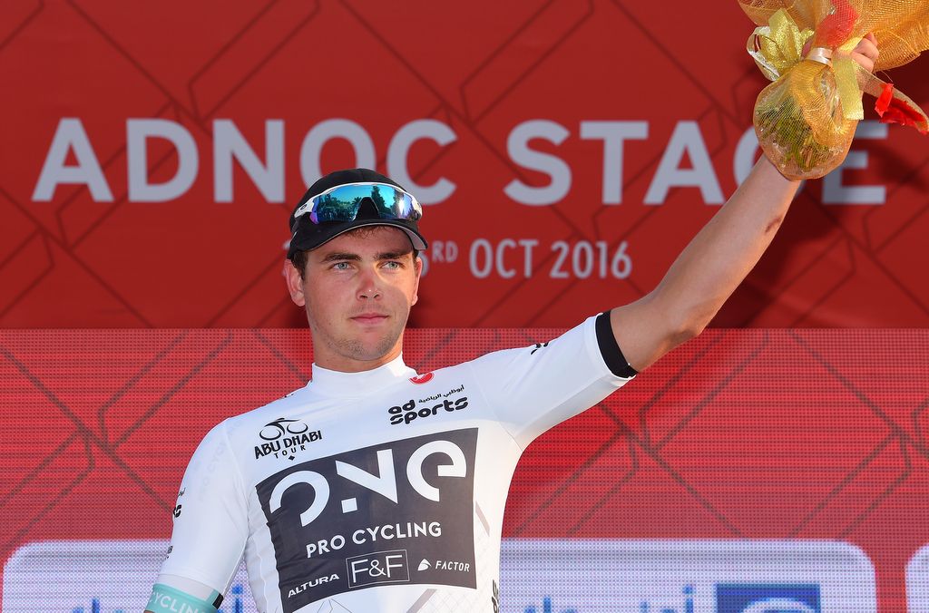 ONE Pro Cycling's Dion Smith in the white jersey