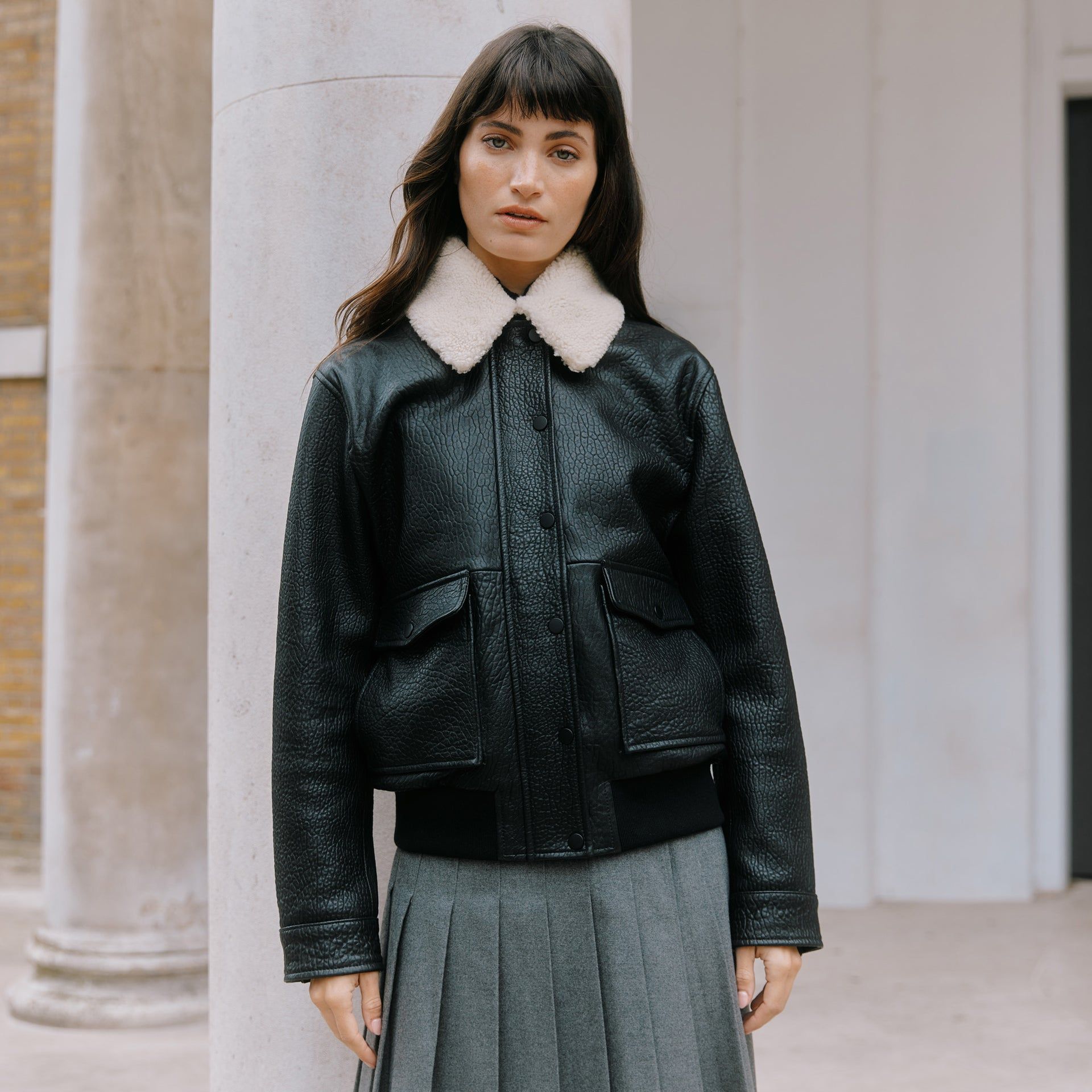Detachable Collar Leather Bomber - 8