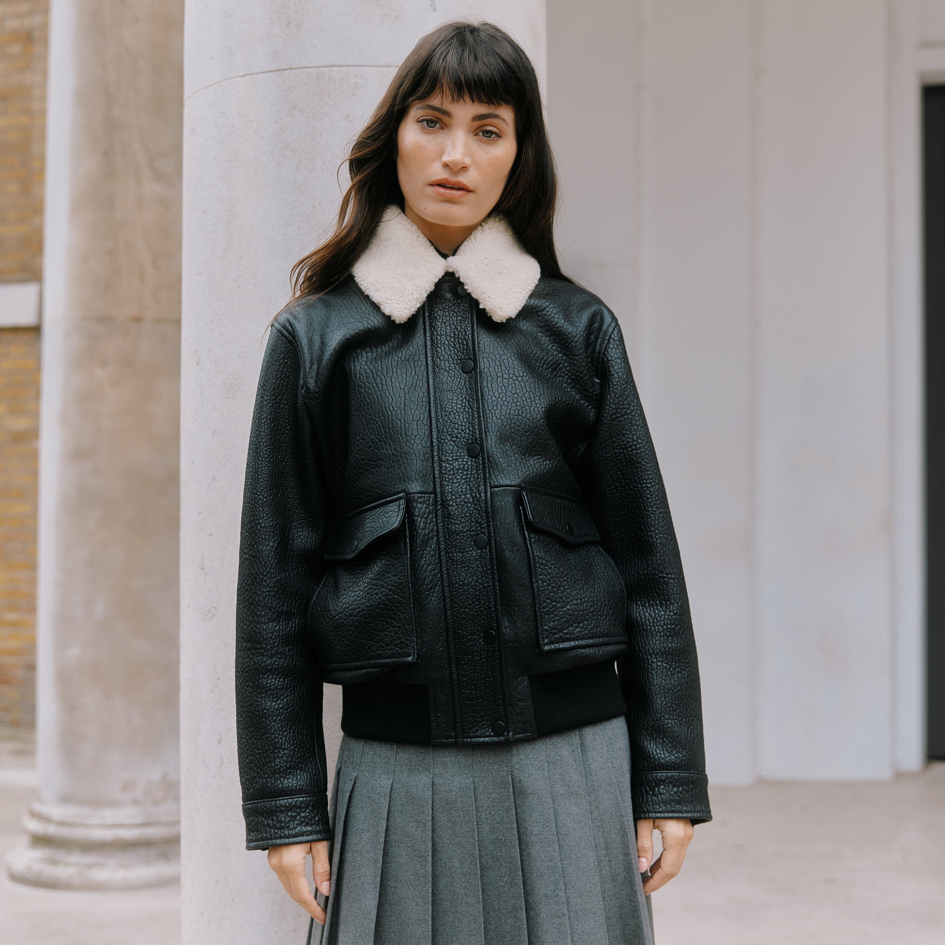 Detachable Collar Leather Bomber - 8