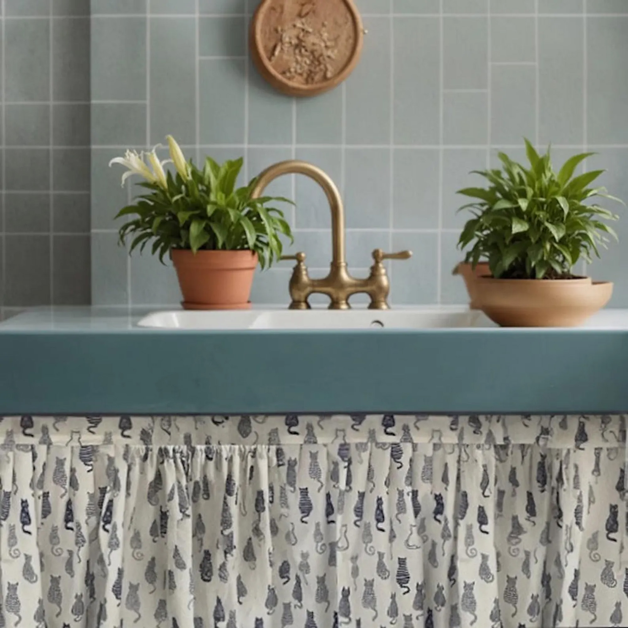 cute cat fabric sink skirt beneath a blue unit with white ceramic sink with brass tap and blue tiled splashback