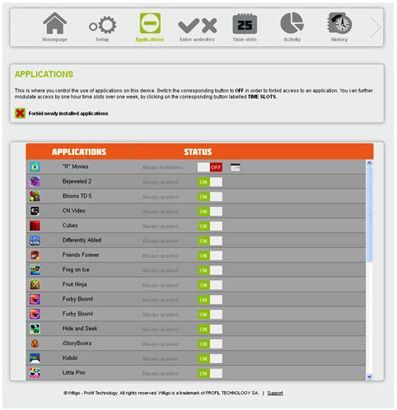 Not only can you see which applications your child has on their cell phone, but Witigo also lets you block inappropriate ones or forbid new ones from being downloaded.