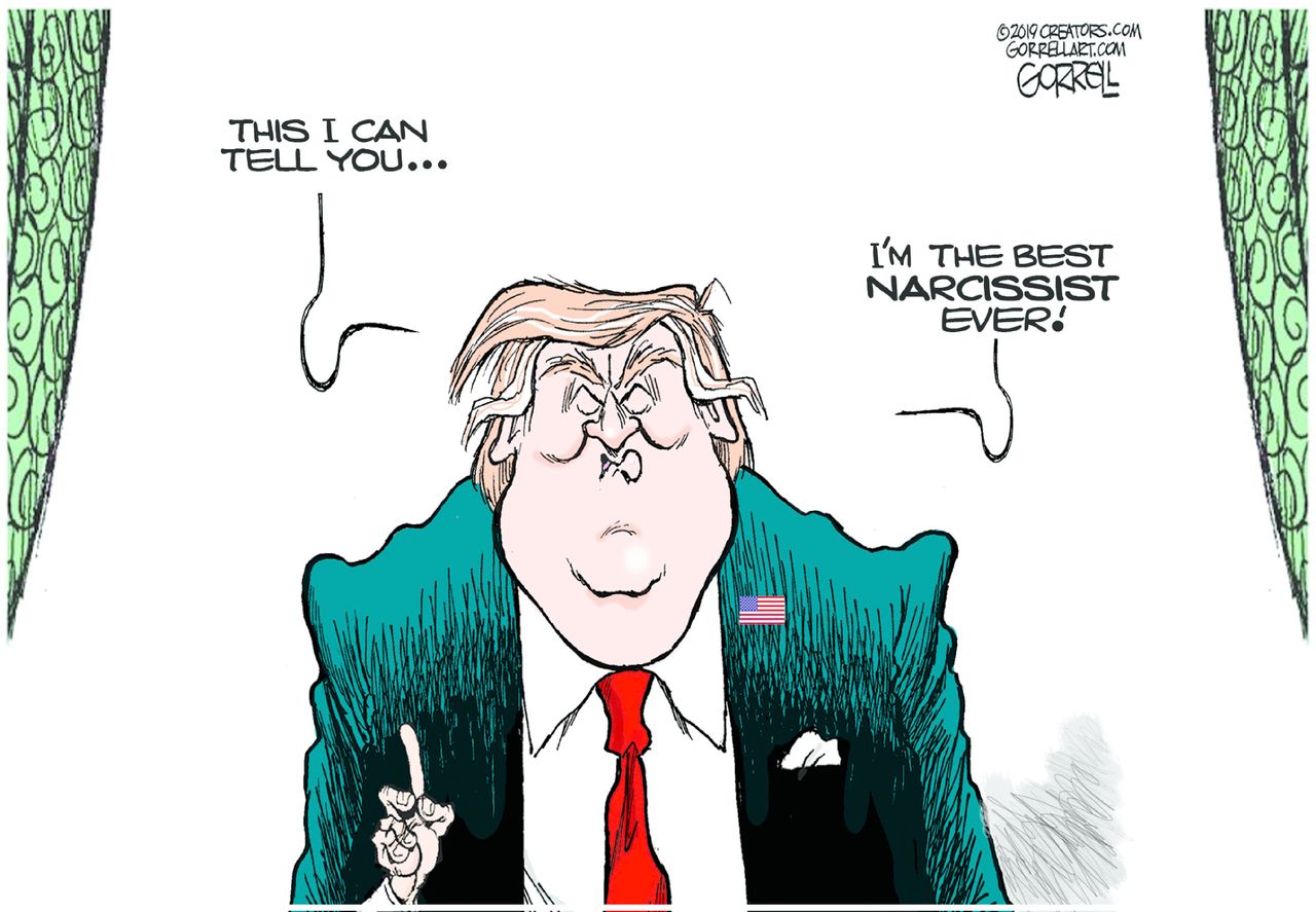 Political Cartoon U.S. Trump Bloviation Best Narcissist Ever Rally Speech