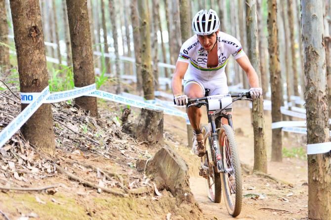 Defending World Champion Nino Schurter of Scott-Odlo MTB Racing Team suffered a victory destroying rear wheel puncture, eventually limping home in sixth place in the elite men's cross country race in Pietermaritzburg