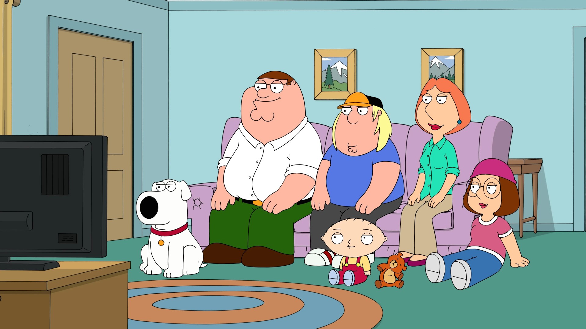 Family Guy characters sitting on a couch and watching TV in a screenshot from the show