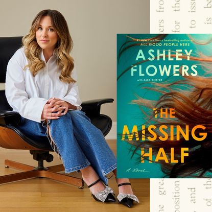 a press shot of author ashley flowers wearing a white shirt and jeans and an overlay of the cover of her new book the missing half