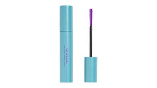 A light blue opened CoverGirl mascara tube with purple brush bristles for the best CoverGirl mascara.