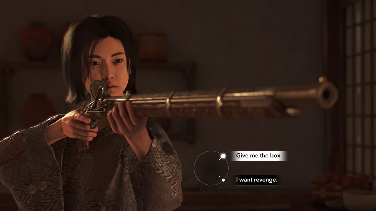 Assassin's Creed Shadows Otama Wakasa choice - Naoe aiming a rifle at Wakasa with two dialogue options on the screen, either demanding the box or vowing revenge.