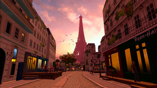 Virtual depiction of Parisian street leading to the Eiffel Tower
