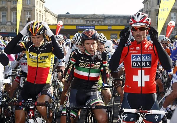 A trio of national champions on the Paris Roubaix start line (l-r): Tom Boonen, Filippo Pozzato and Fabian Cancellara.