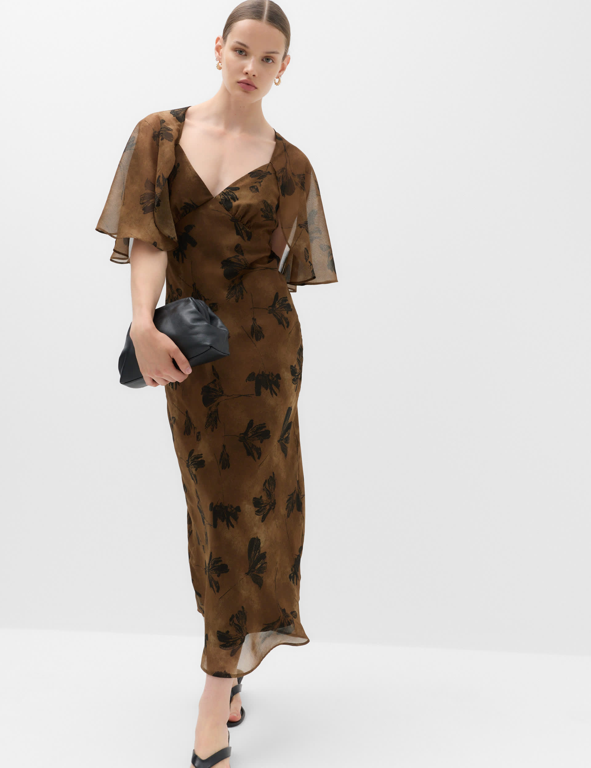 Floral Cape V-Neck Maxi Tea Dress