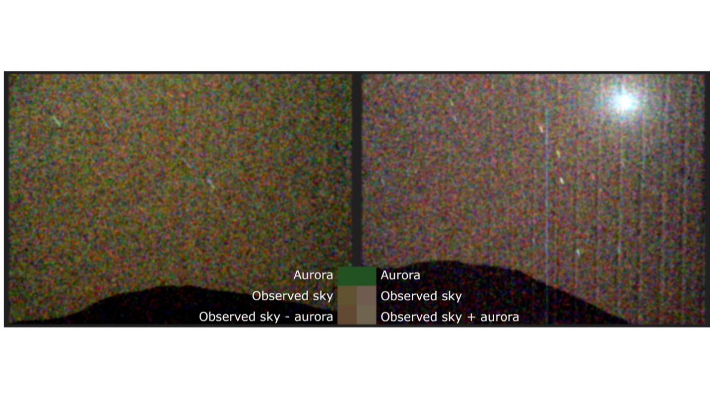 The first visible-light image of a green aurora on Mars, left, taken by NASA’s Perseverance rover. A comparison image, right, shows the night sky without the aurora but featuring the Martian moon Deimos. 
