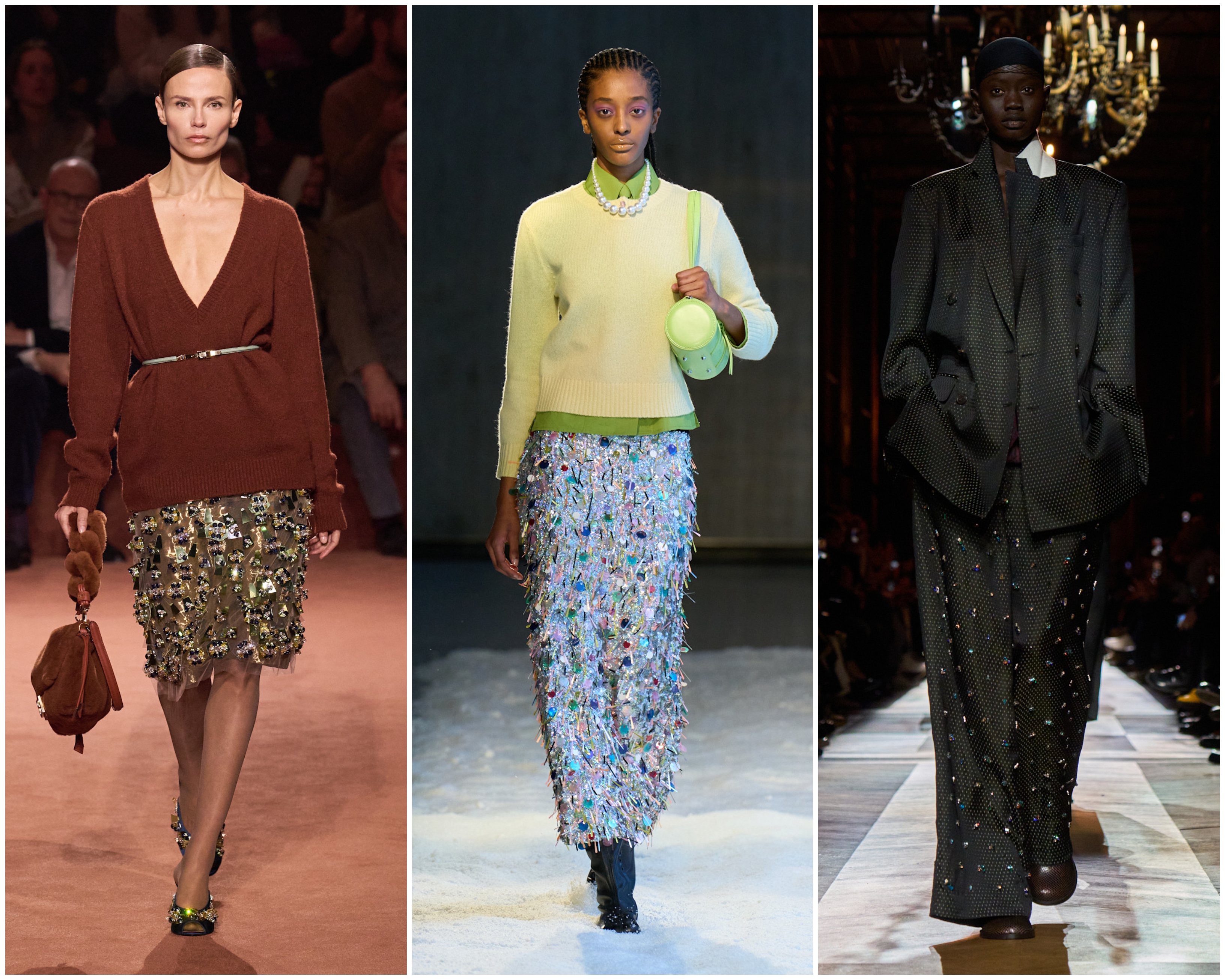 sequin skirts on the fall 2025 runways of fendi, sandy liang, and dries van noten