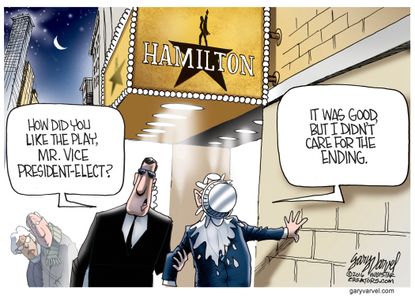 Political cartoon U.S. Hamilton Mike Pence ending speech