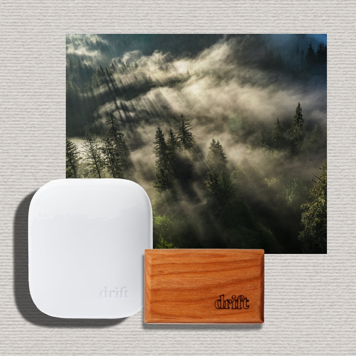 White Drift home diffuser and wooden car freshener beside a photo of a misty evergreen forest on a textured cream background