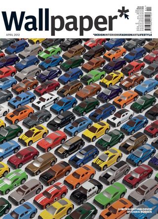 A Wallpaper* cover. Toy cars in different colors are set in many rows.