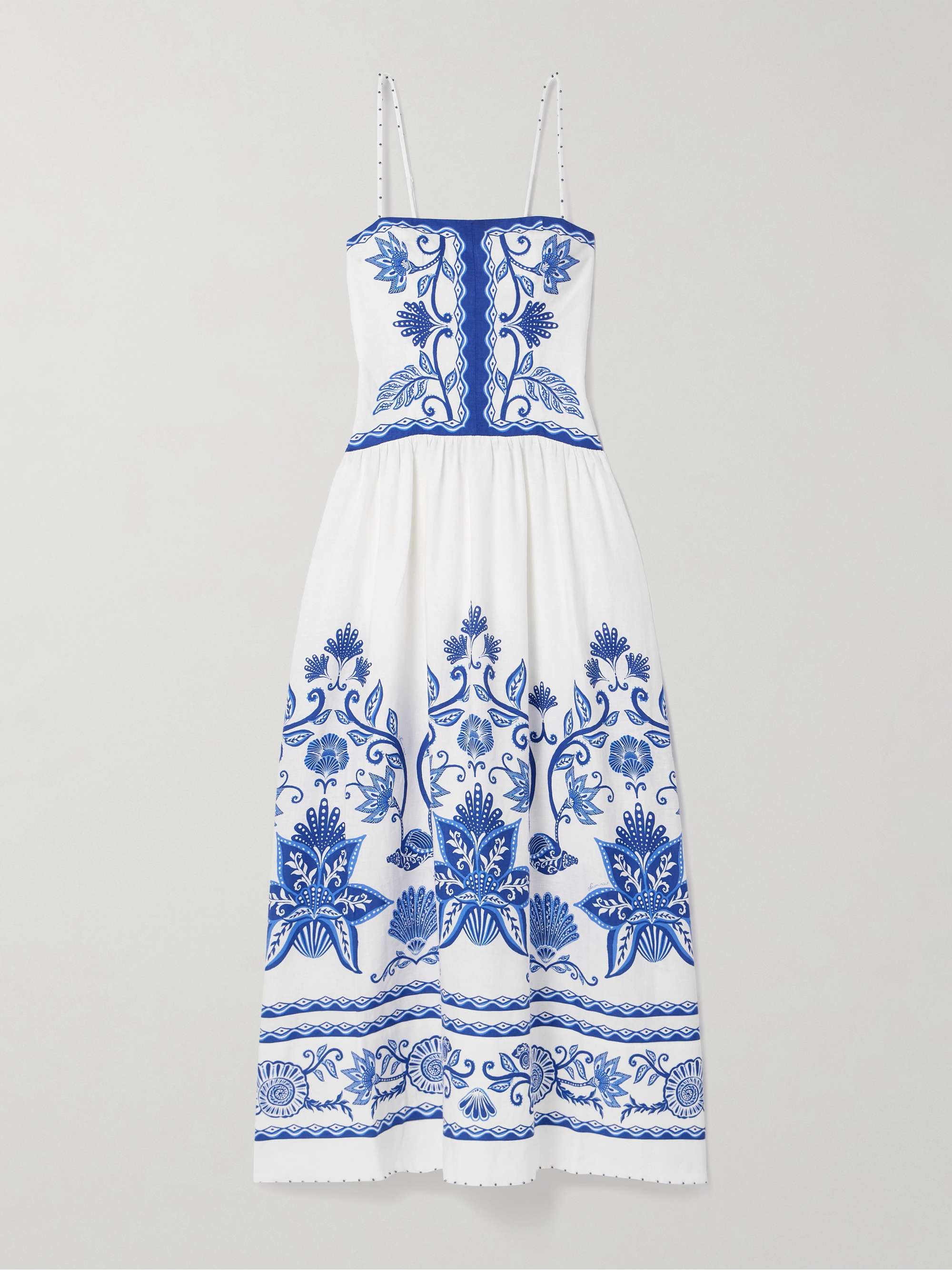 Bead-Embellished Printed Linen-Blend Midi Dress