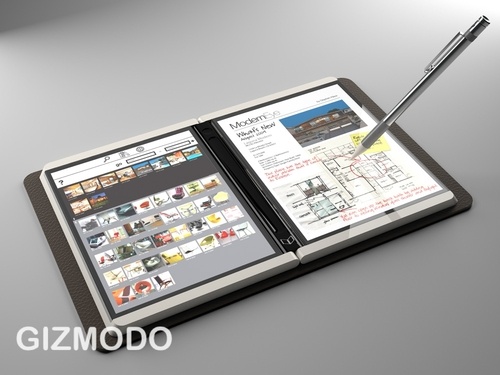 Microsoft's never-released dual-screen tablet on a grey background, the Courier