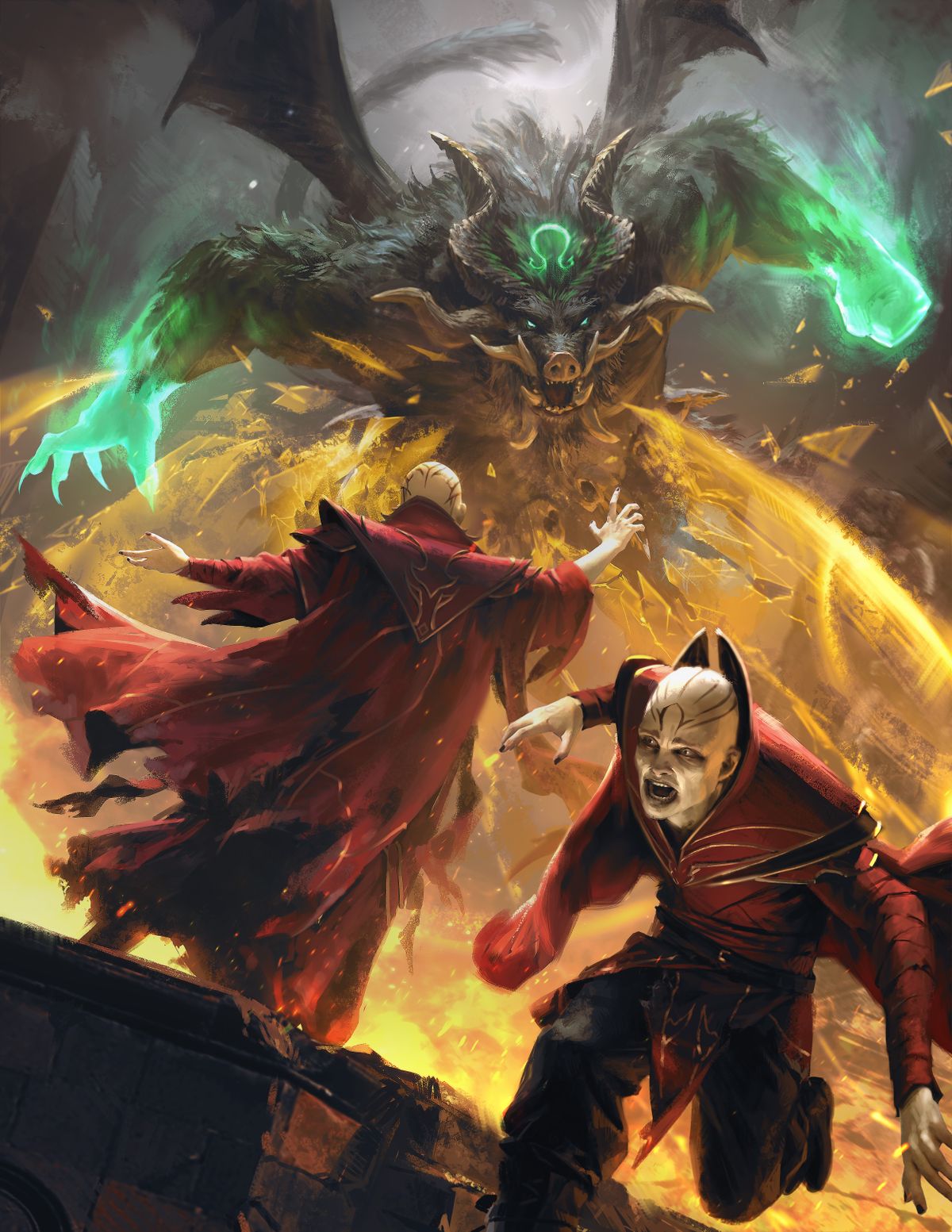 A Red Wizard runs from a board-headed creature with glowing fists