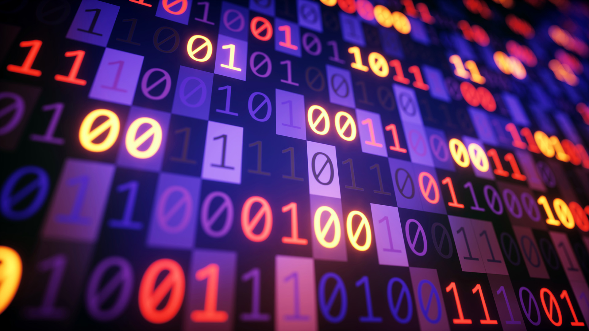 A close up of a screen showing a series of zeros and ones in purple boxes, some numbers lit up and others not