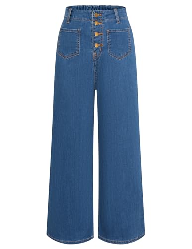 Belle Poque Women Straight Leg Trousers High Elastic Waist Classic Denim Trousers for Party Club Denim Blue S