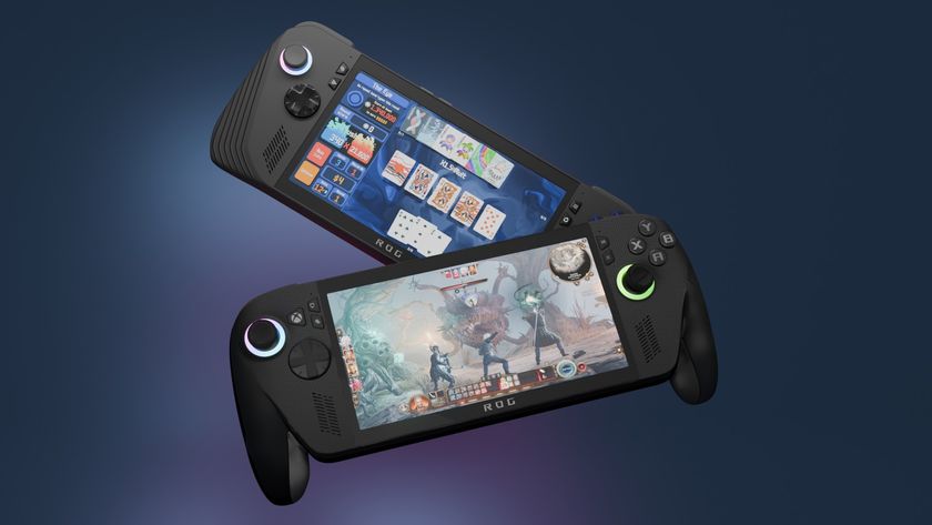 3D render of the ROG Xbox Ally X playing Baldur&#039;s Gate III and ROG Ally X playing Balatro.