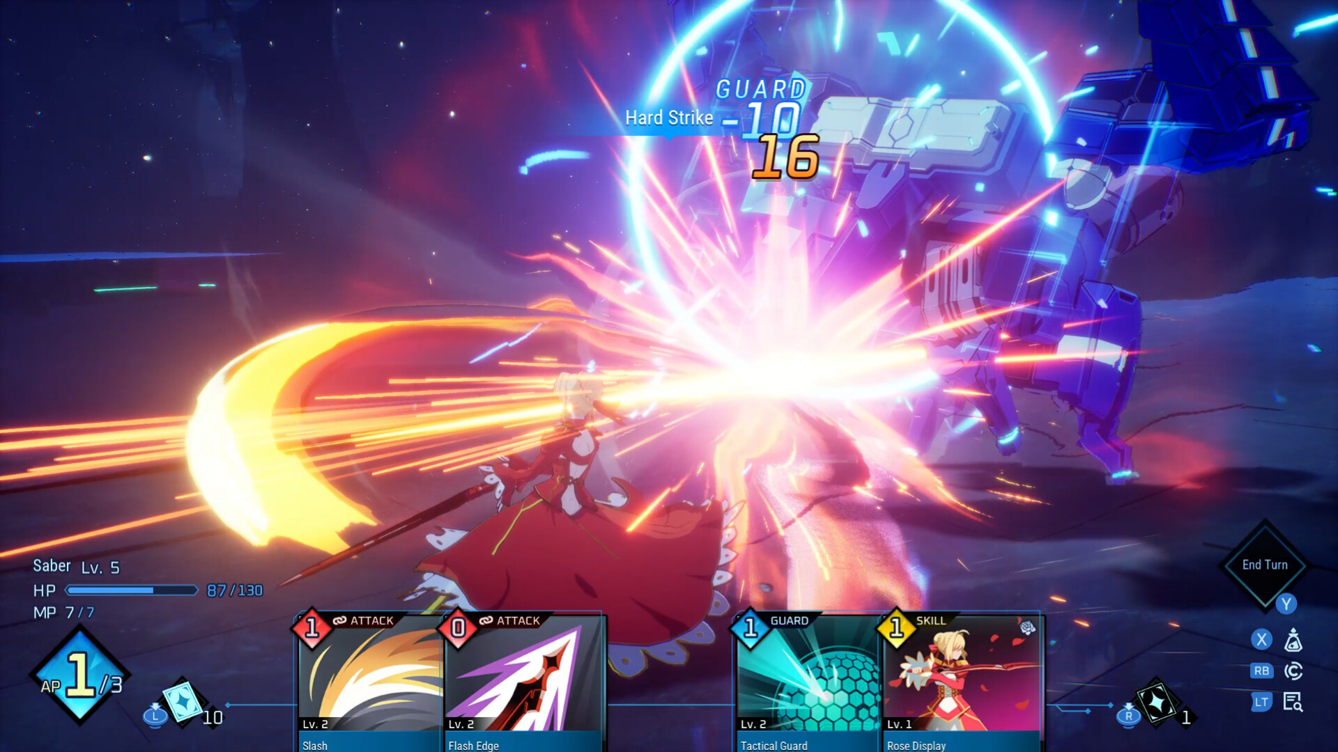 In Fate / Extra Record, Saber fights a robotic enemy with a card battle system