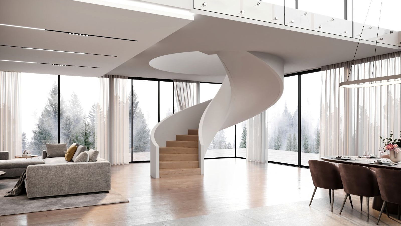 A spiral staircase in a room with glazing all around it and a wooden floor