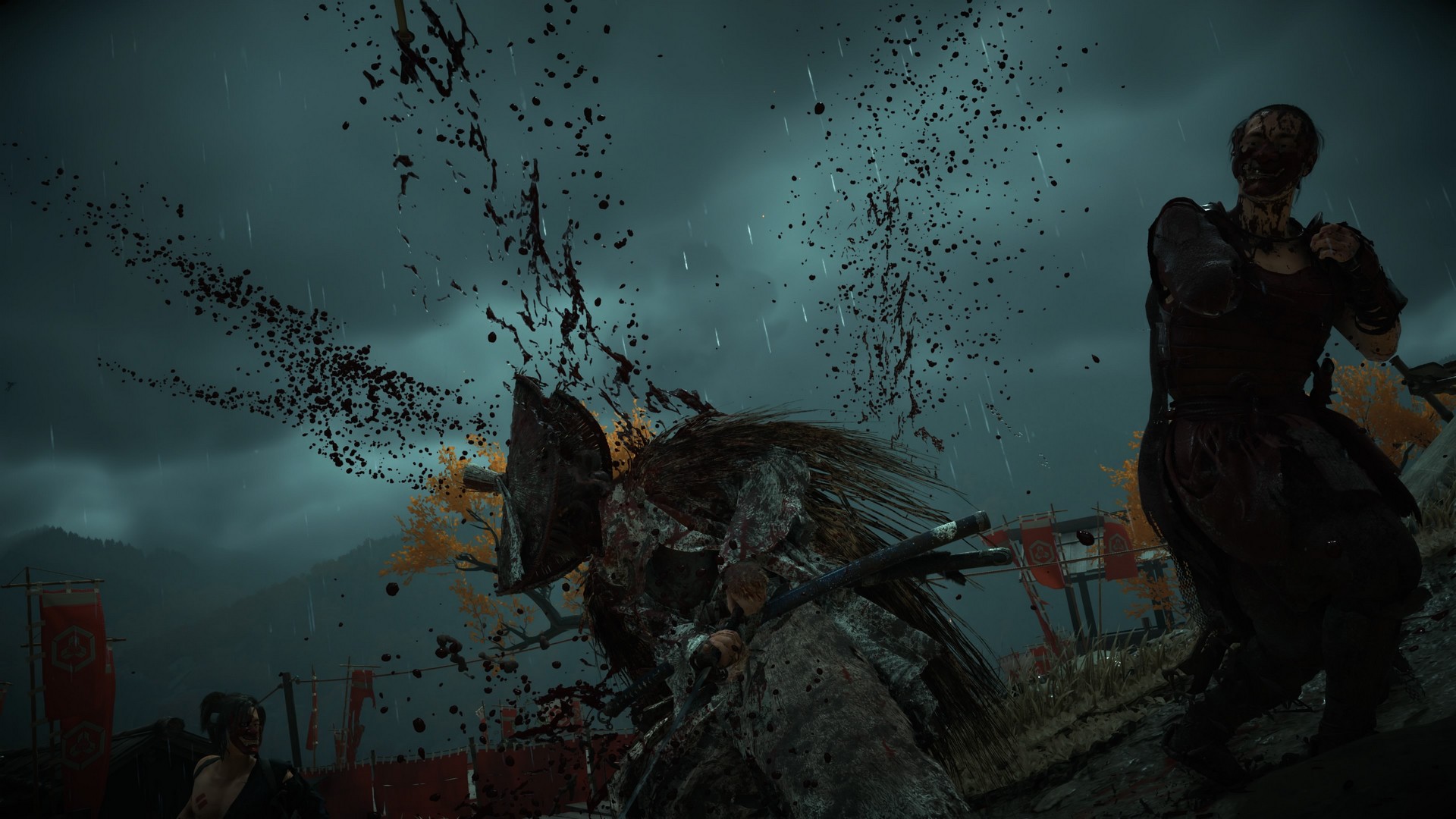 Blood splatters as Atsu slays an enemy in Ghost of Yotei with Takashi Miike mode on