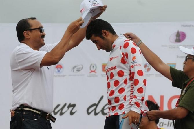 Amir Kolahdozhagh of Tabriz Petrochemical Cycling Team Iran in the polka dot jersey