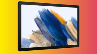 A Samsung Galaxy Tab A8 on a multi-coloured background.