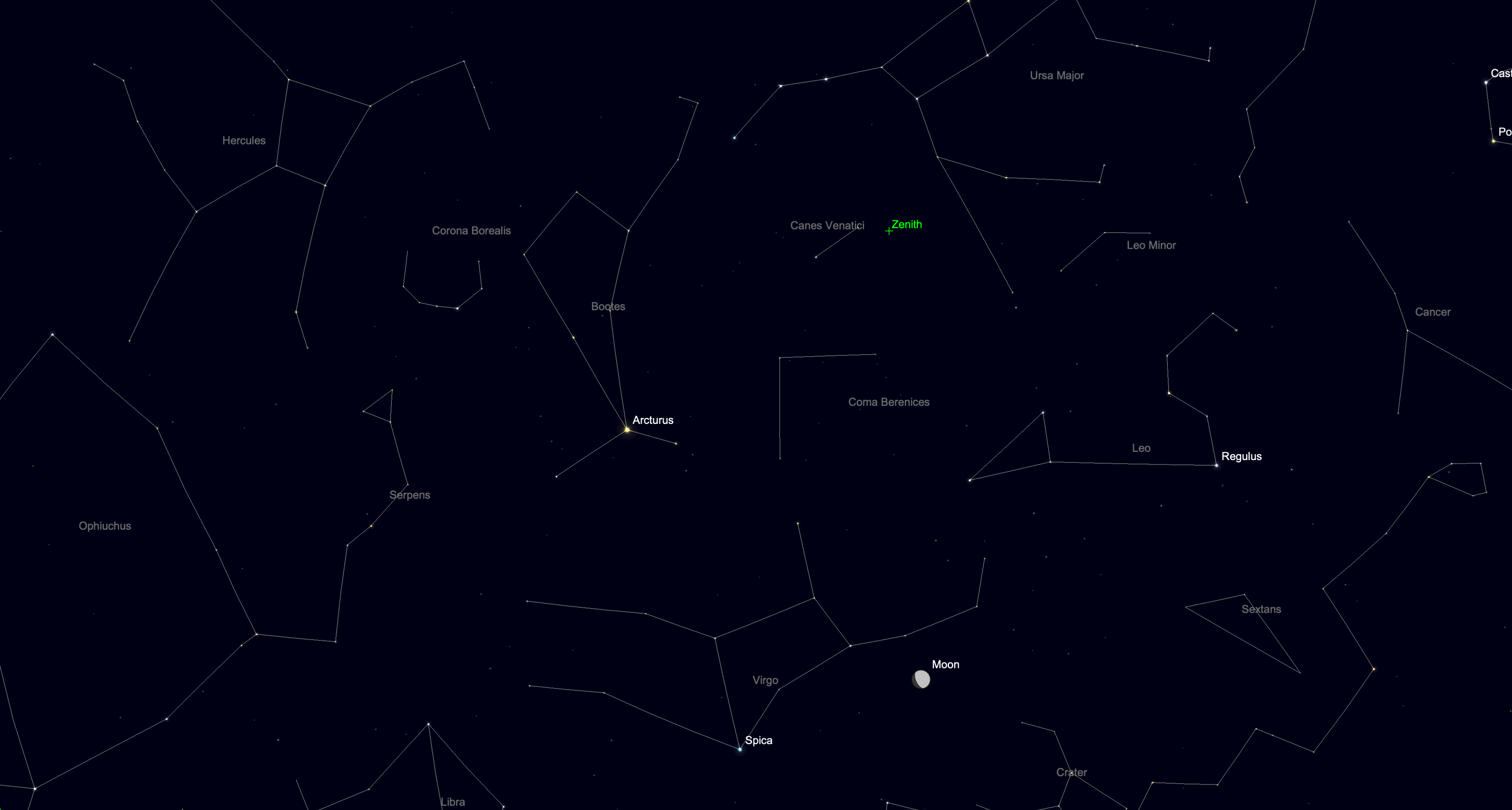 Wide star chart showing the prominent spring constellations, including Bootes, Leo and Virgo, anchored by bright Arcturus.