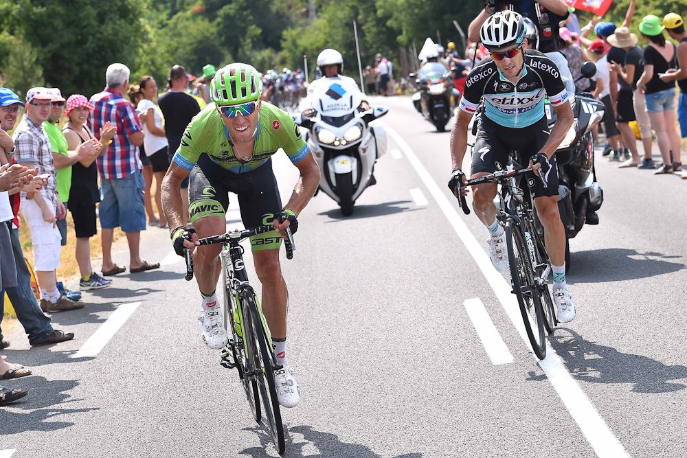 Kristijan Koren and Michal Golas lead the race near the end of stage 14.