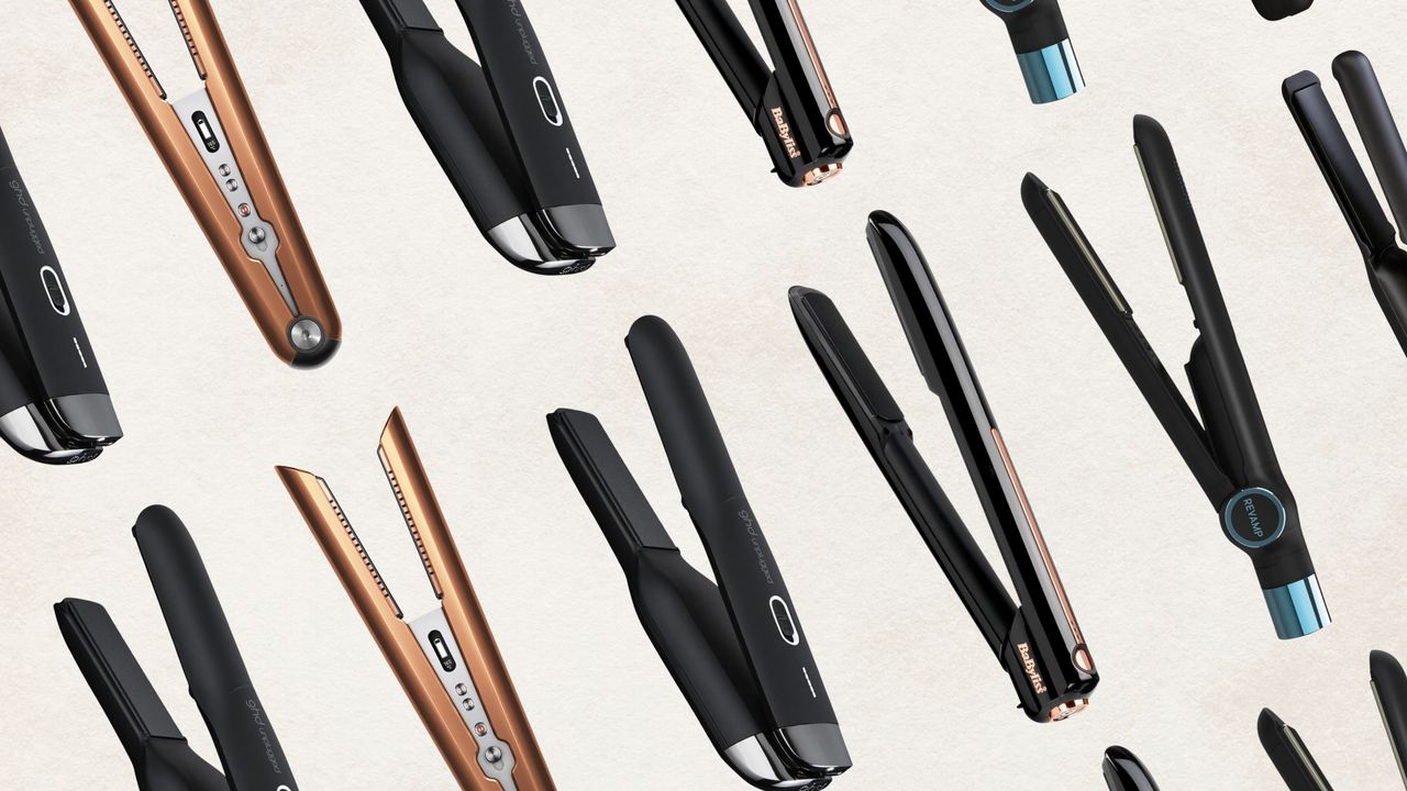 Collage of the best cordless straighteners on a beige background