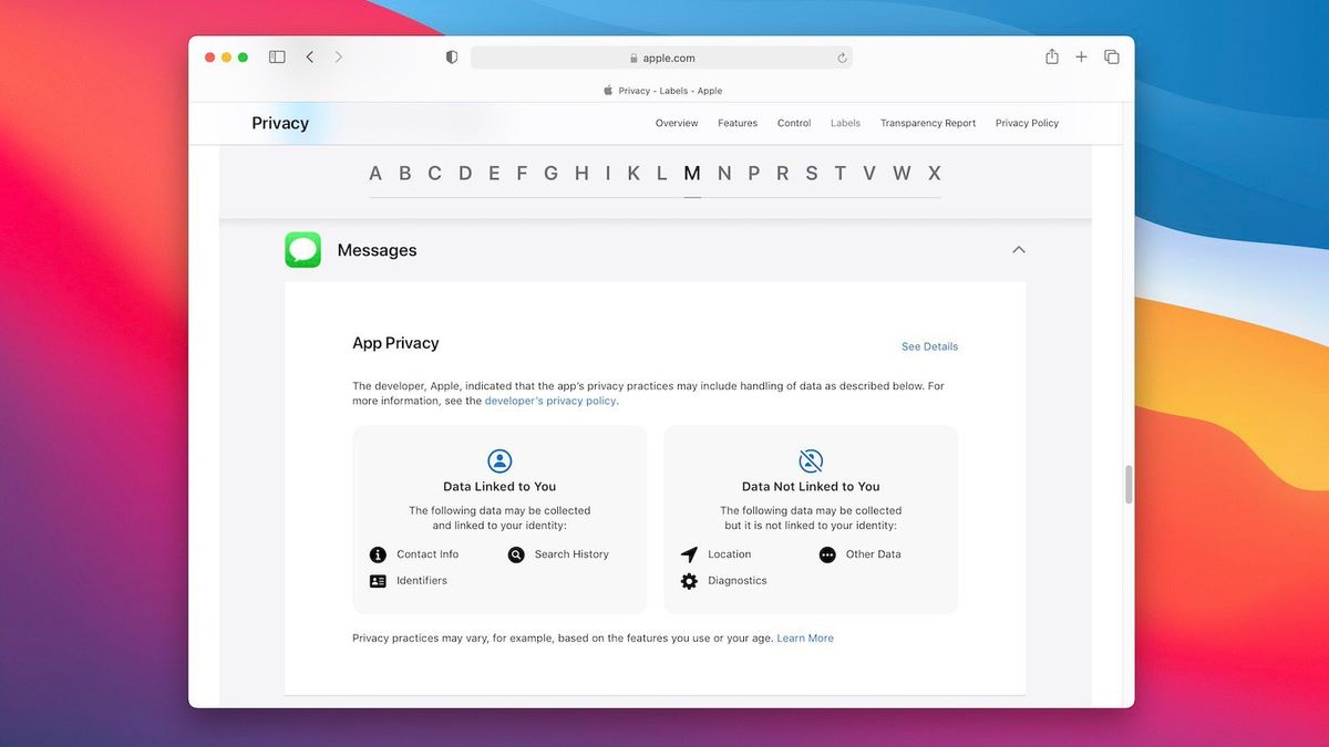 Apple Privacy Labels Website